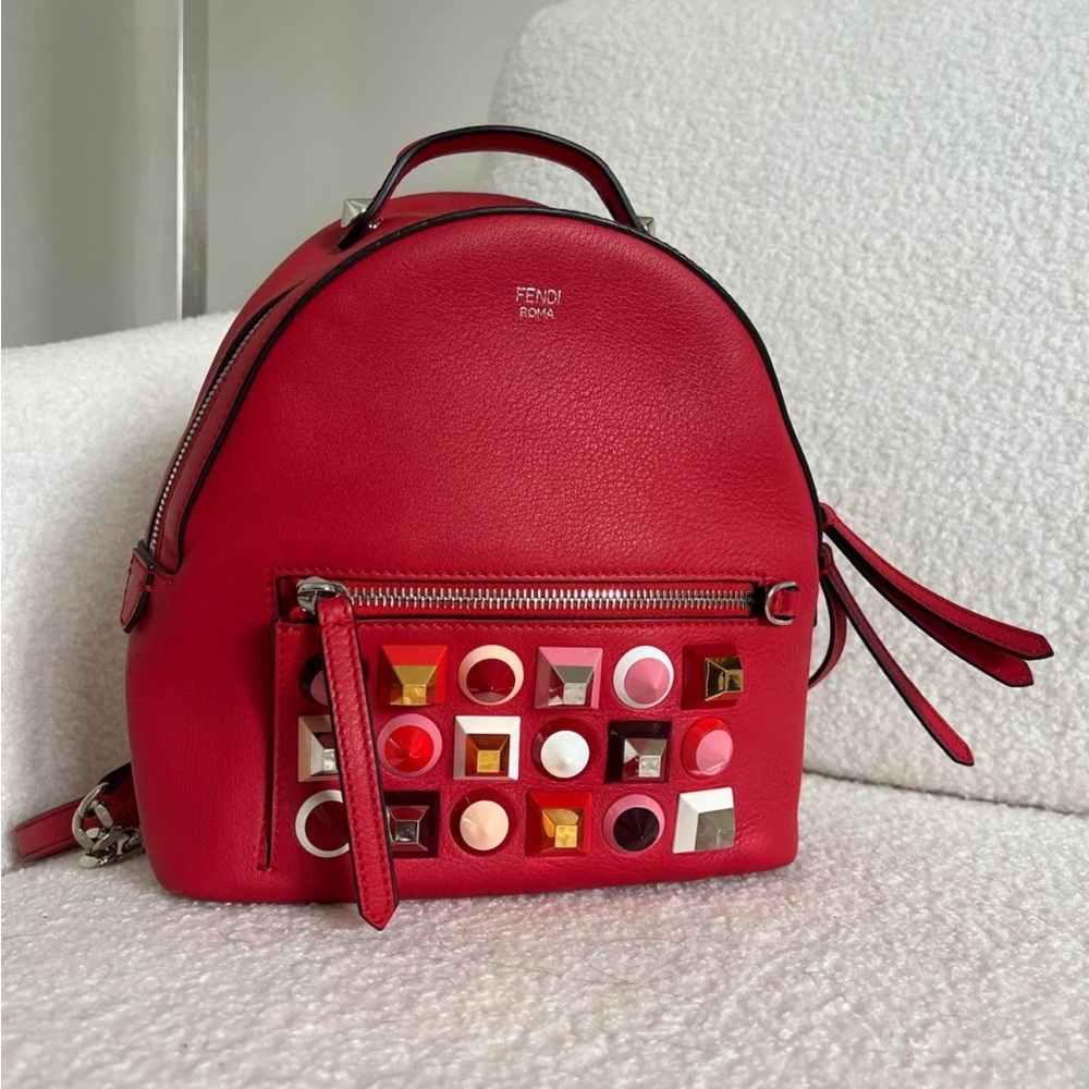 Fendi Red Leather Backpack with Rainbow Studs